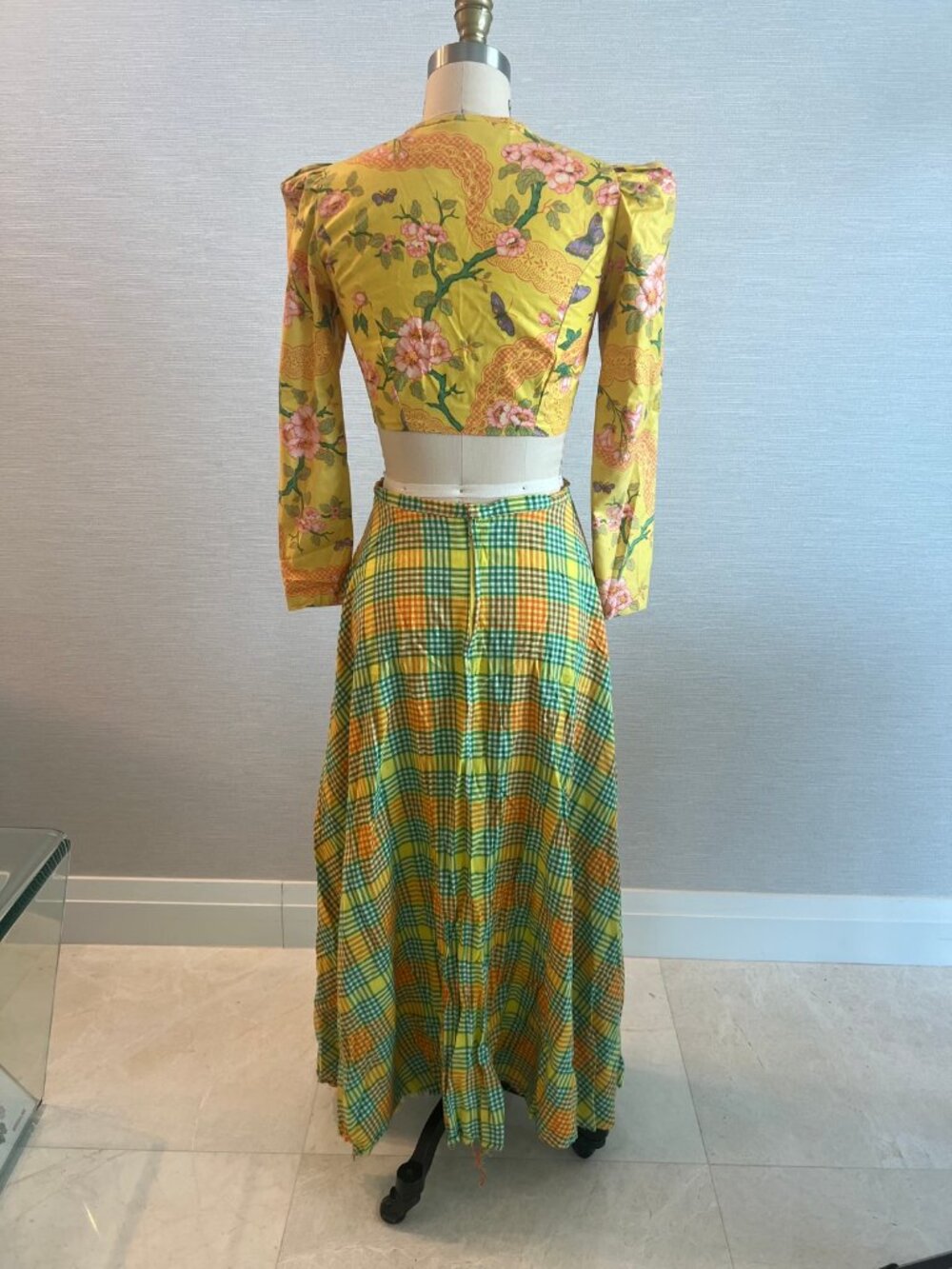 Plaid 2-Piece Set Crop Top Maxi Skirt Yellow Green Orange Vintage Size L